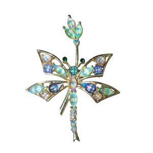 Gold-Tone Dragonfly Brooch With Iridescent Rhinestones Blue Pink Green Accents